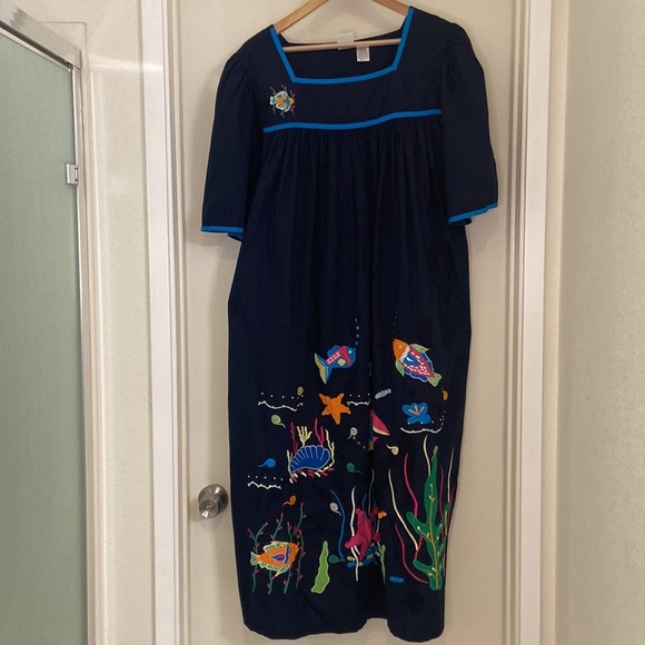 Smithsonian institution Blue Embroidered Sea Fish Appliqué Dress Size XL - Picture 1 of 16